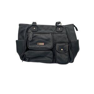 MultiSac Black Faux Leather Multi-Pocket Shoulder Bag With Adjustable Straps